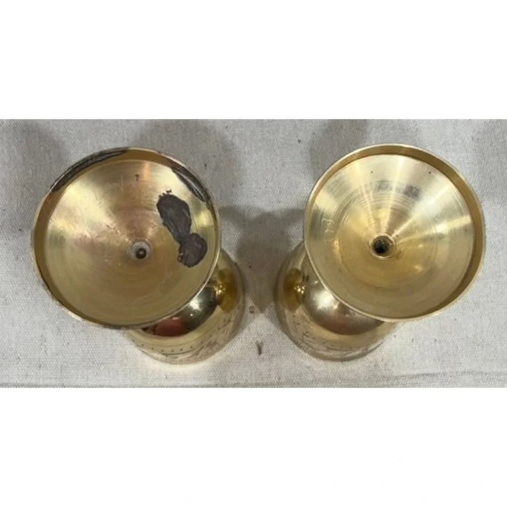 Vintage Etched Brass Goblets Set of 2 Floral Chalice Wine Cups 6.5in